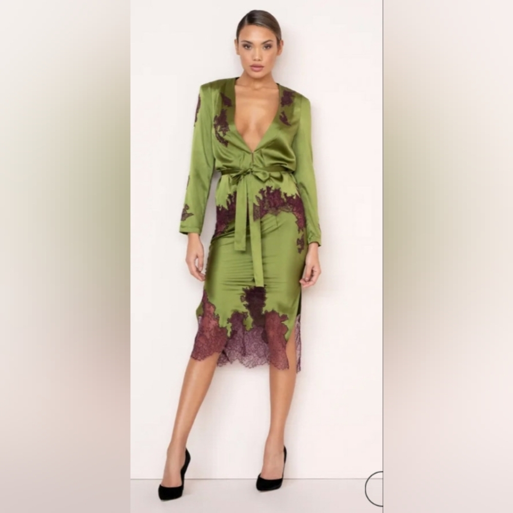 Agent PROVACATEUR Pure Silk DEEP GREEN & ROSE BROWN Lace Two Piece Sz LG RARE